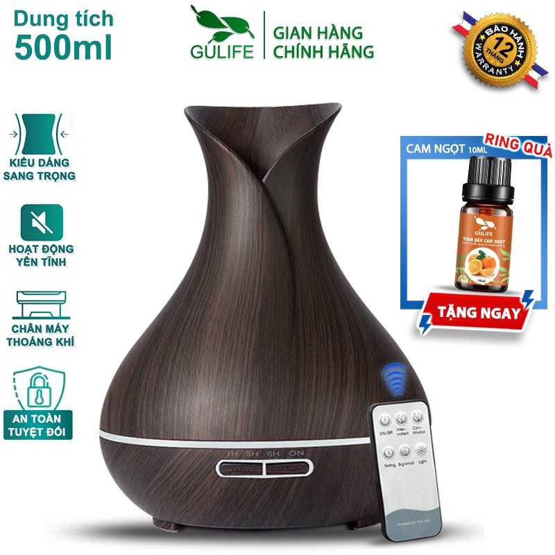 ✅ Máy Khuếch Tán Tinh Dầu Phun Sương Tạo Độ Ẩm Tulip 500ml - Tặng Tinh Dầu 10ml & Remote - GULIFE MKT06