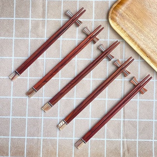 Bộ 5 đôi Đũa gỗ Cẩm vuông 24,5cm - Đầu gắn trai hồng - Đũa gỗ tự nhiên cao cấp