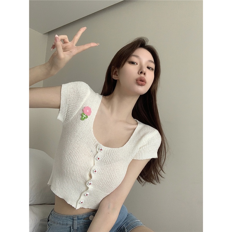 Áo Cardigan Ngắn Tay Cổ Vuông Phong Cách Hàn Quốc Thời Trang Cho Nữ