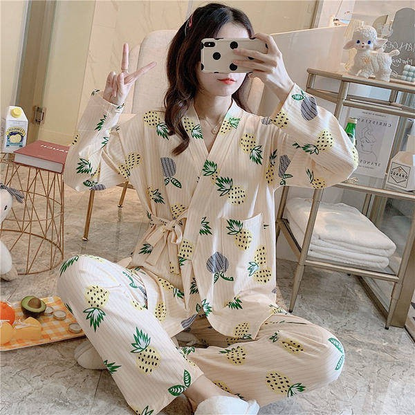 Bộ Đồ Ngủ Kimono Tay Dài Dáng Rộng Bằng Vải Cotton Phong Cách Nhật Bản Dễ Thương Dành Cho Nữ | BigBuy360 - bigbuy360.vn