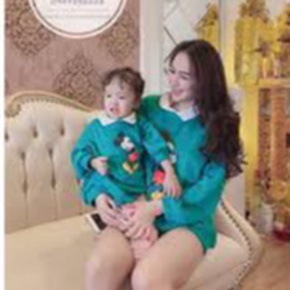 Sét Áo ný mickey xanh cổ sơ mi cho mẹ và bé yêu kiêu