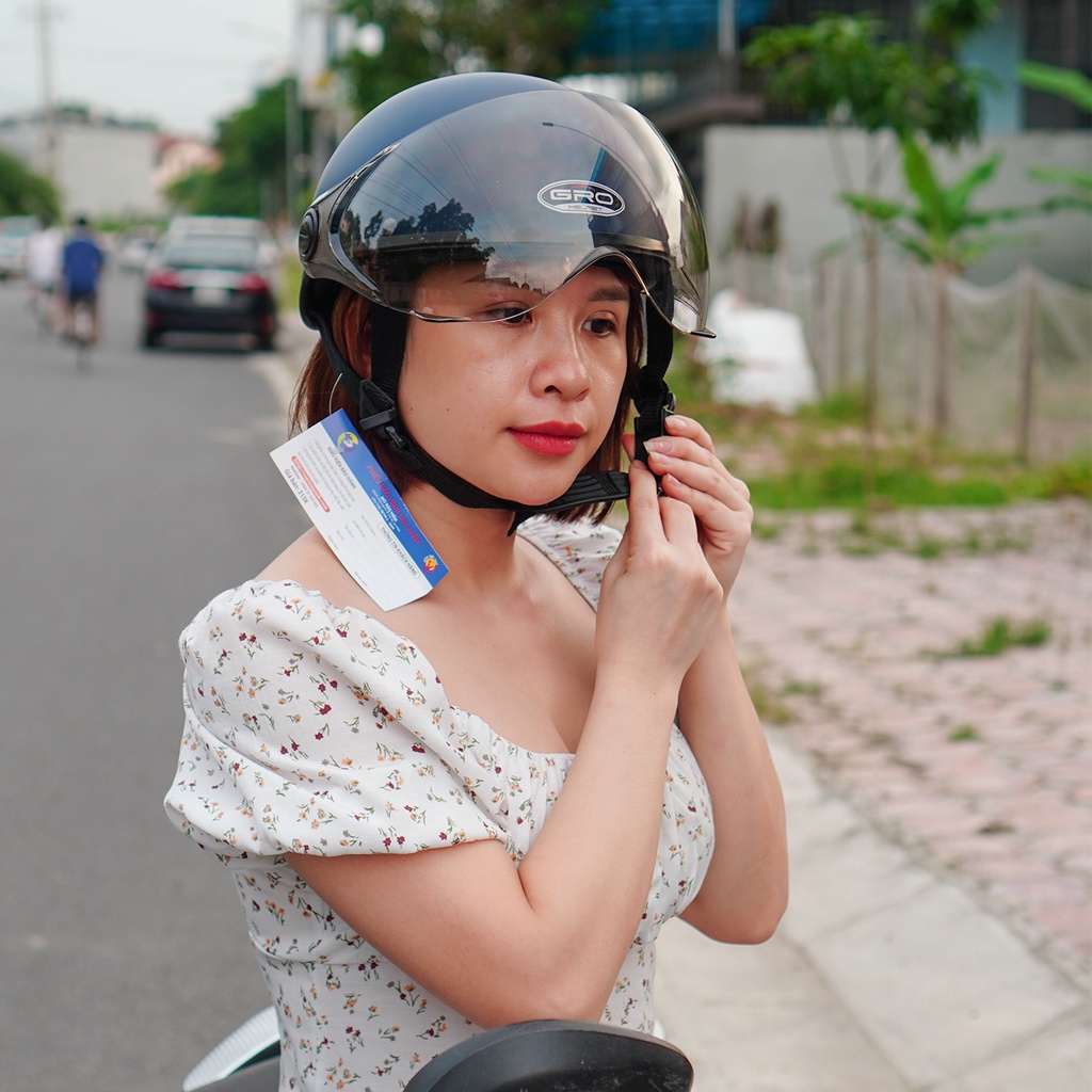 Mũ Bảo Hiểm Nửa Đầu GRO Helmet có kính che nửa mặt, kiểu dáng thời trang, khóa kim loại chắc chắn - Xanh Than Nhám