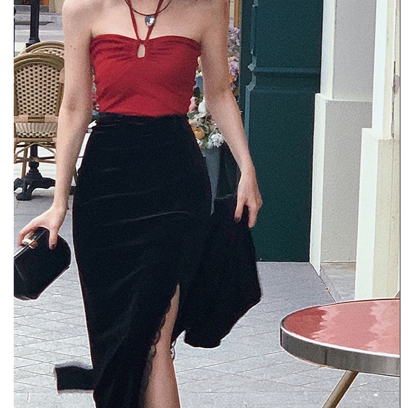 Chân váy nhung COZOK lưng cao phối ren phong cách cổ điển thời trang thu đông cho nữ