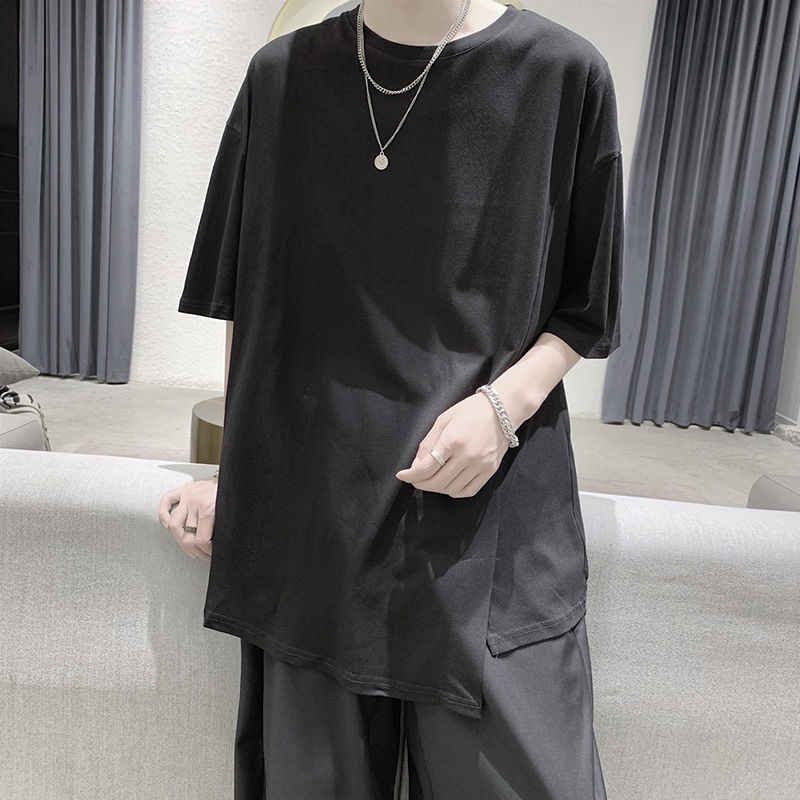 Áo Thun Tay Ngắn Dáng Rộng Xẻ Tà Kiểu Hồng Kông Thời Trang Cho Nam