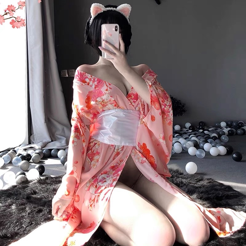 LL1143 Kimono Hoa Đào Dáng Dài - Cosplay Nhật Bản Sexy | BigBuy360 - bigbuy360.vn