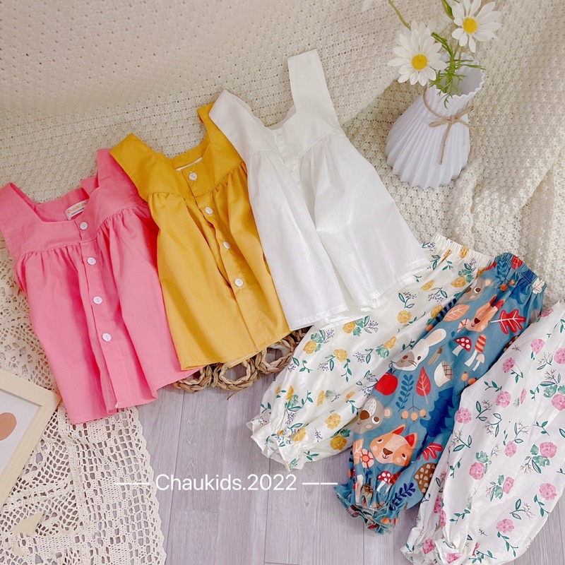 [SET BÉ GÁI] Bộ áo sát nách cổ vuông bánh bèo cho bé gái