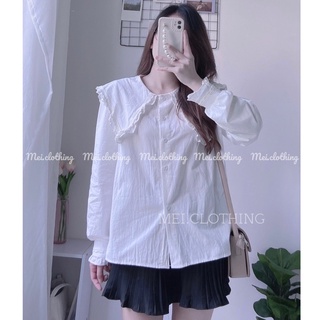 Áo sơ mi trắng phối cổ bèo viền chất thô mềm