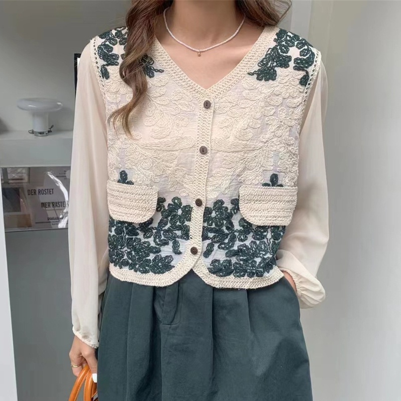 Áo Khoác Cardigan Vải Chiffon Cổ V Tay Phồng Thêu Hoa Phối Nút Màu Sắc Tương Phản Thời Trang Mùa Thu Cho Nữ