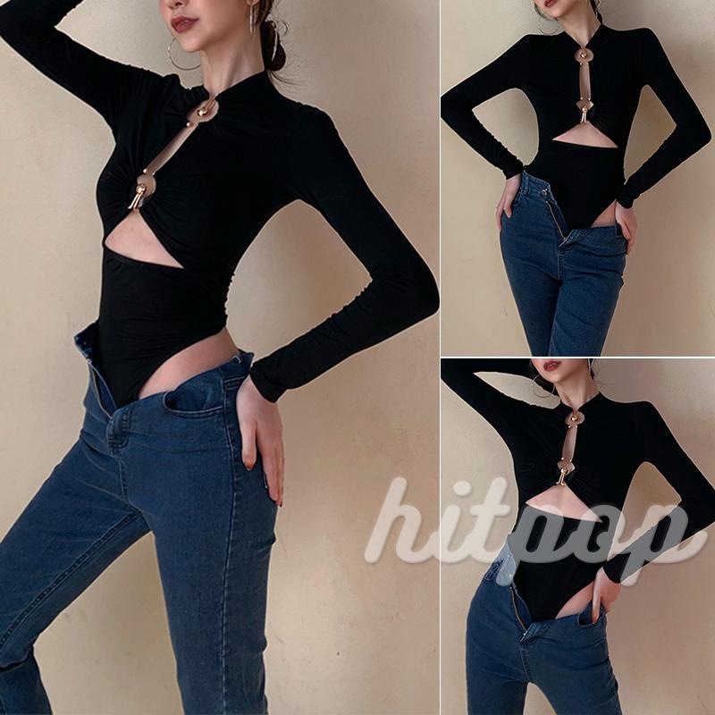 Áo Liền Quần Tay Dài Màu Trơn Phối Vòng Kim Loại Thời Trang Xuân Thu Cho Nữ