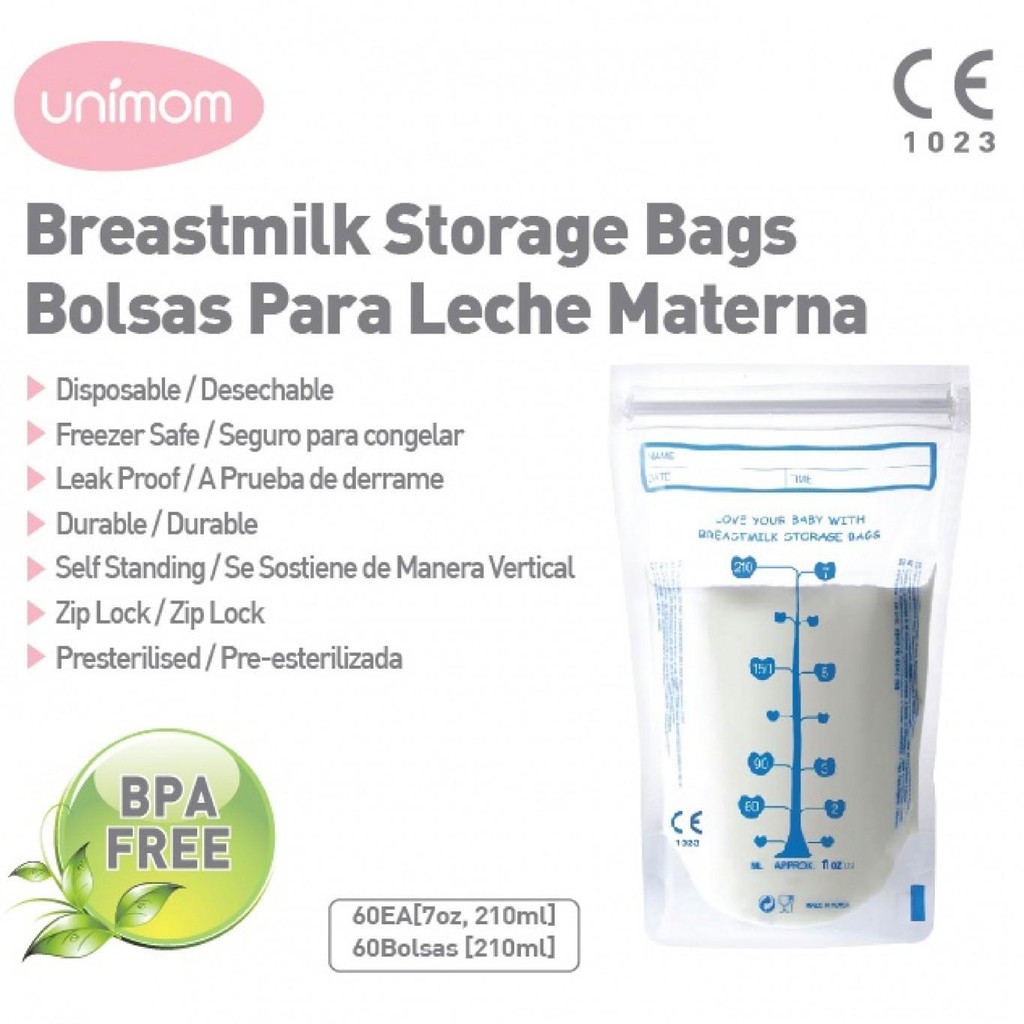 Túi trữ sữa Unimom 210ml 60 túi chất liệu an toàn BPA free, hai lớp rất chắc chắn, an toàn, khóa zipper ở miệng túi