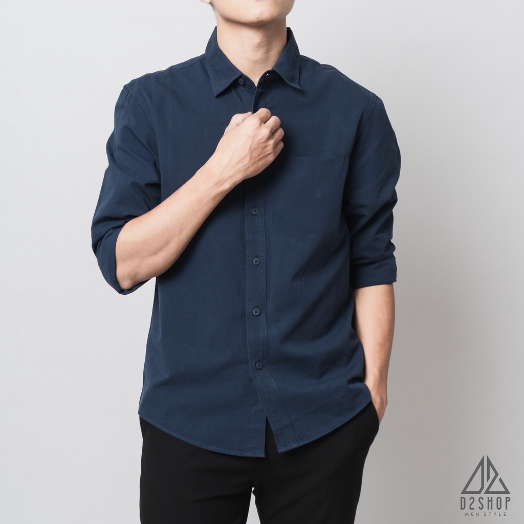 Áo sơ mi nam D2shop, áo sơ mi dài tay nam, vải xéo, túi mổ, màu xanh đậm