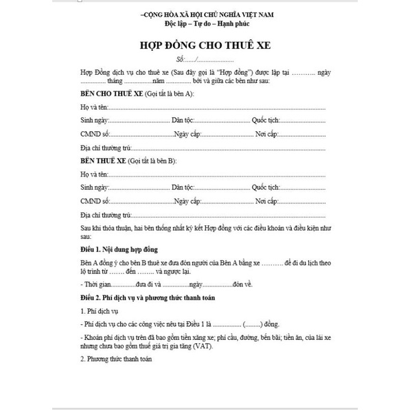 10 bộ hợp đồng thuê xe