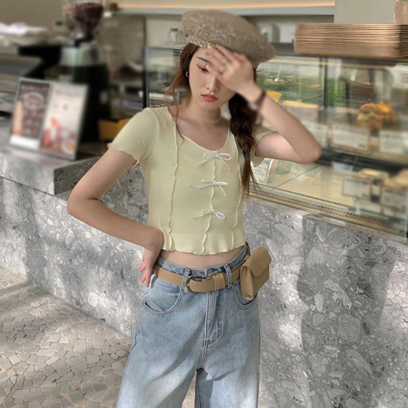 Áo Croptop Dệt Kim Tay Ngắn Cổ Tròn Phối Nơ Phong Cách Hàn Quốc Cho Nữ