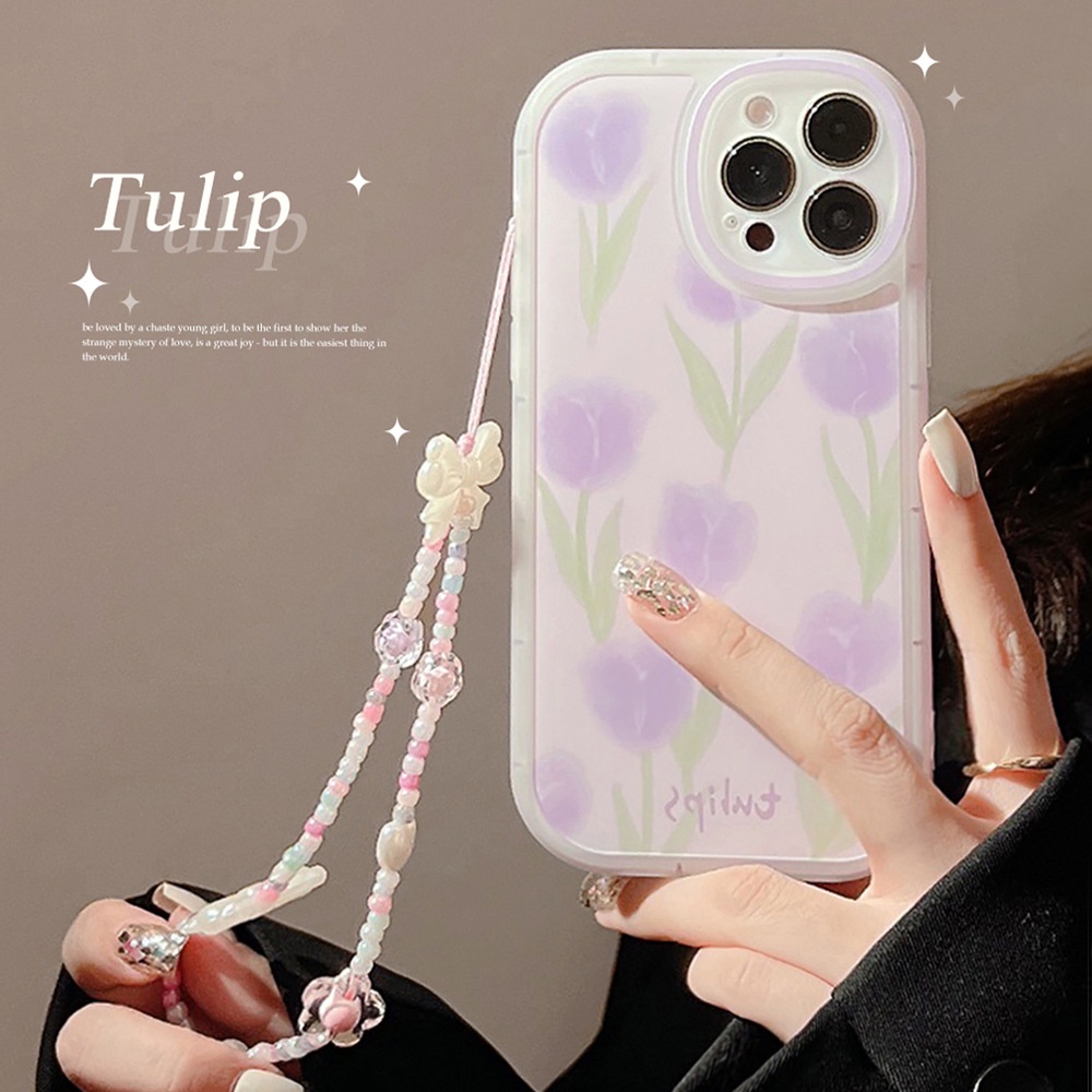 Ốp Điện Thoại Hình Hoa Tulip Tím Phối Dây Xích Thắt Nơ Cho Iphone 11 8 7 Plus SE2 XS XR 12 13 Mini PRO MAX