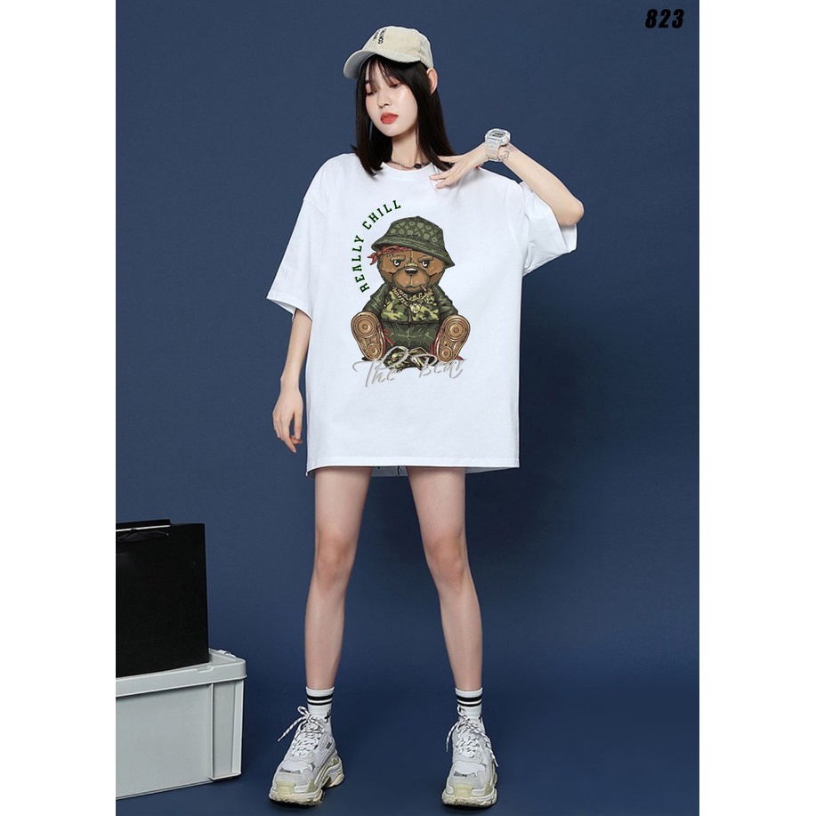 Áo thun nam nữ form rộng nam nữ tay lỡ Gấu lính 823 HY KOREA