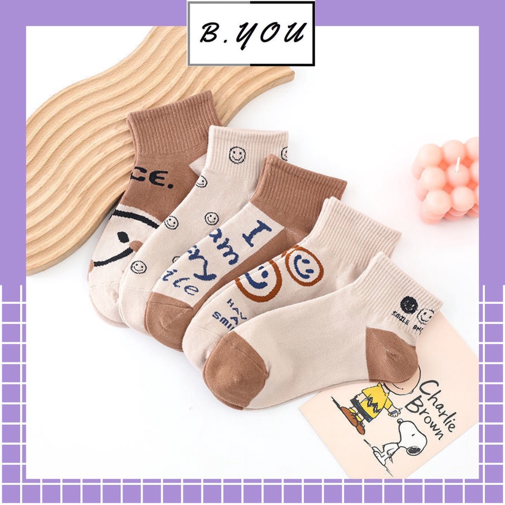 Tất nữ cổ ngắn họa tiết mặt cười, phong cách trẻ trung, chất liệu cotton, thấm hút mồ hôi TT85