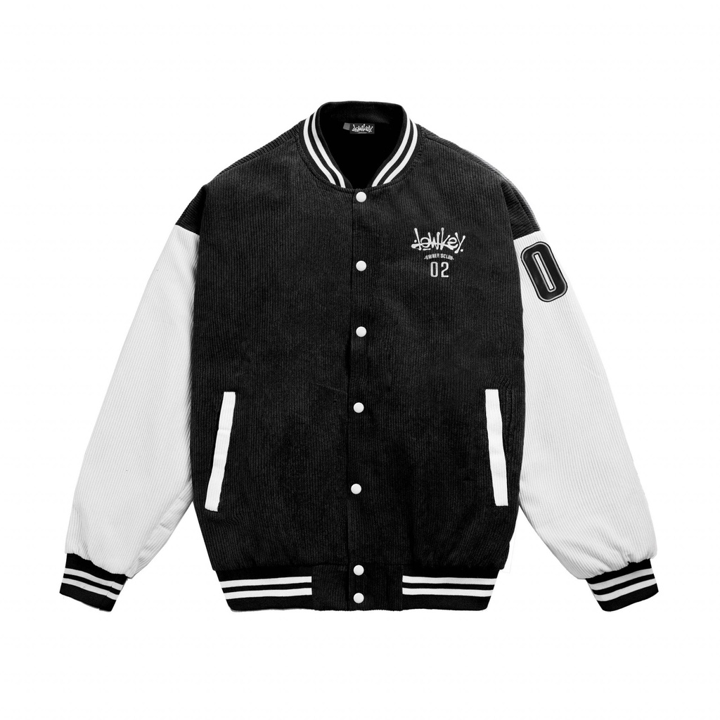 Áo khoác Varsity Black/White Nhung Tăm Full Thêu Logo Lowkey Phối Da PU Varsity Jacket Lowkey Uni