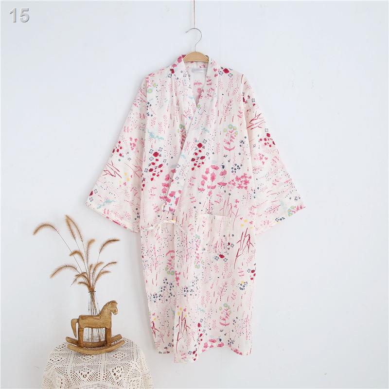 net Red style Nhật Bản nhỏ tươi mát váy ngủ hoa trừu tượng vải cotton tinh khiết gạc kimono phụ nữ mồ hôi hấp quần áo ở