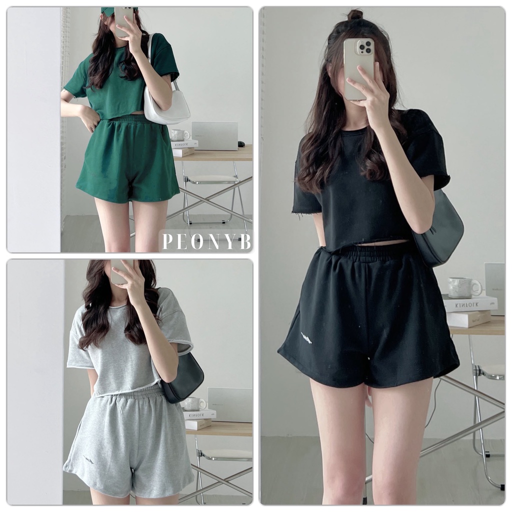 Set Đùi Trơn Áo Croptop Chữ Kí PEONYB Nữ [FREESHIP]  Bộ đồ quần short kèm thun kiểu đường phố 3158 hàn quốc Ulzzang