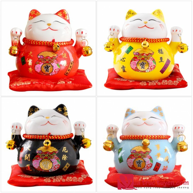 Mèo thần tài may mắn 14cm /10cm Ăn nên làm ra, mèo chiêu tài gốm sứ