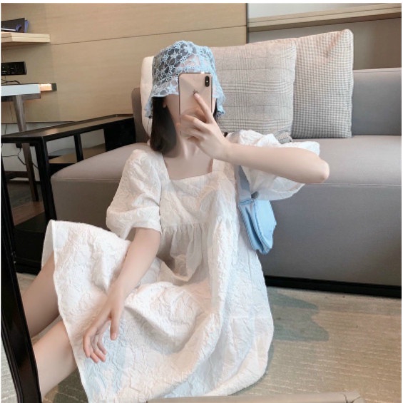 Váy babydoll Cổ Vuông Tay Bồng Chất Đũi Xốp tay bồng siêu xinh form rộng