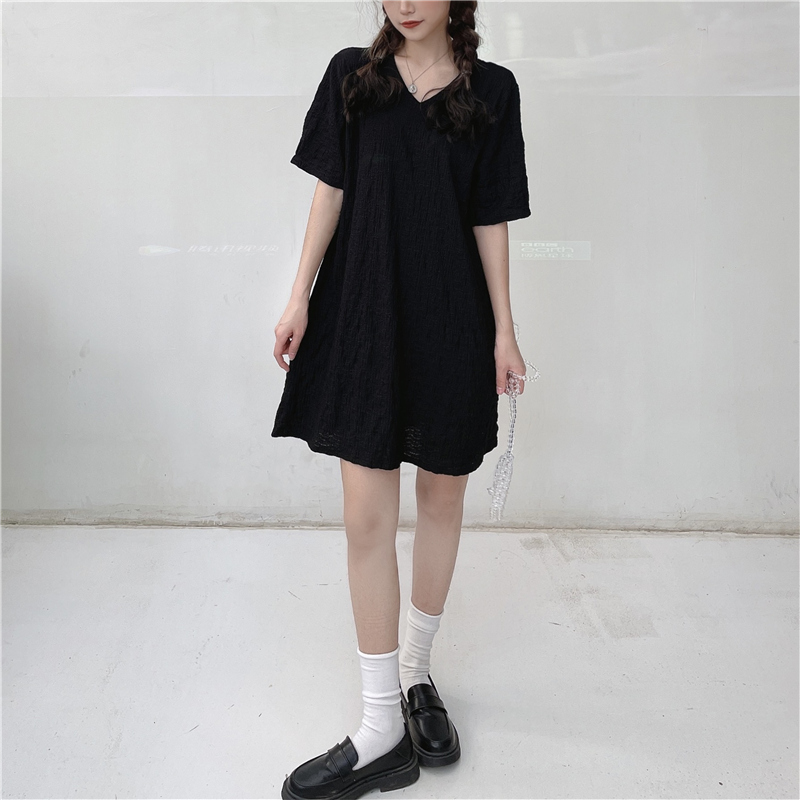 SUXI Đầm midi tay ngắn thiết kế cổ chữ V phong cách trẻ trung