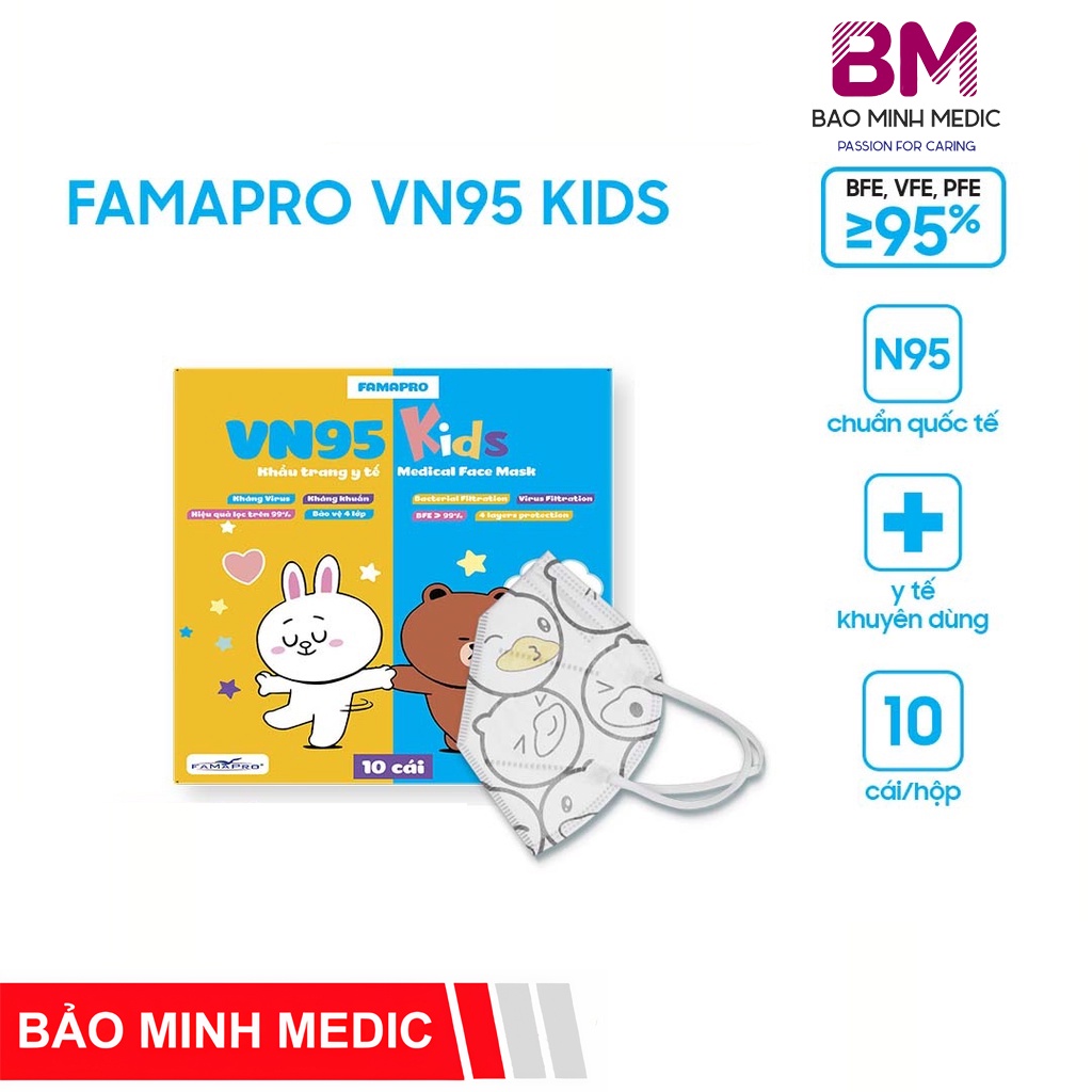 Khẩu trang y tế chính hãng cao cấp 4 lớp Famapro VN95 cho trẻ từ 3 đến 10 tuổi (10 cái/hộp)