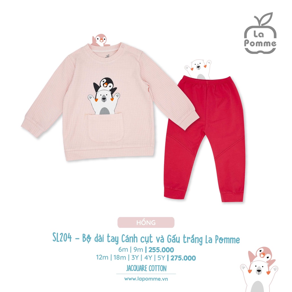 Bộ La Pomme Cotton dài tay cánh cụt và gấu trắng cao cấp mềm mịn thấm hút tốt cho bé trai bé gái SL204
