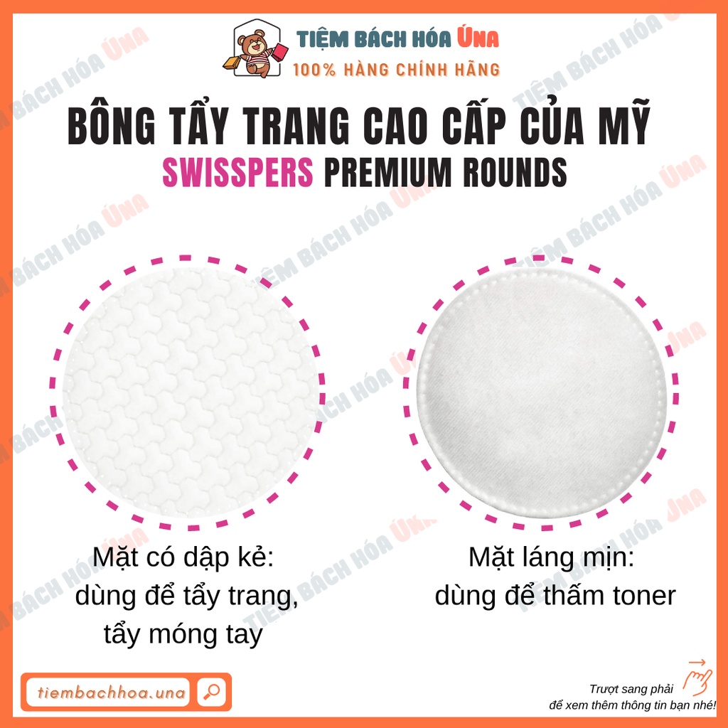 Bông tẩy trang cao cấp Swisspers Premium Cotton Rounds dạng tròn có may viền 100 miếng và 80 miếng của Mỹ