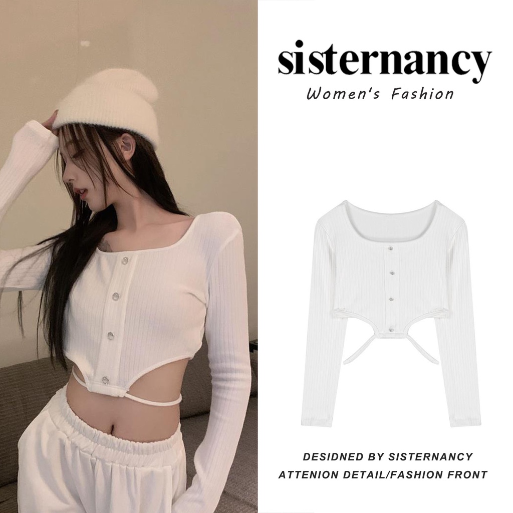 Áo thun COZOKC ngắn tay dài cổ vuông thiết kế độc đáo quyến rũ