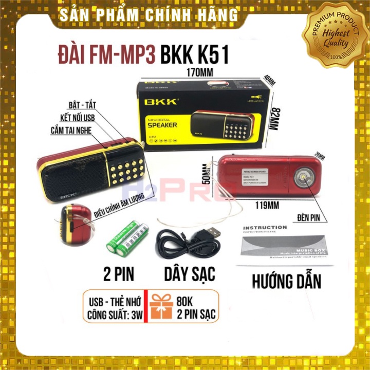 Loa radio mini BKK K51 nghe đài, nghe nhạc, nghe kinh phật - có đèn pin cực sáng