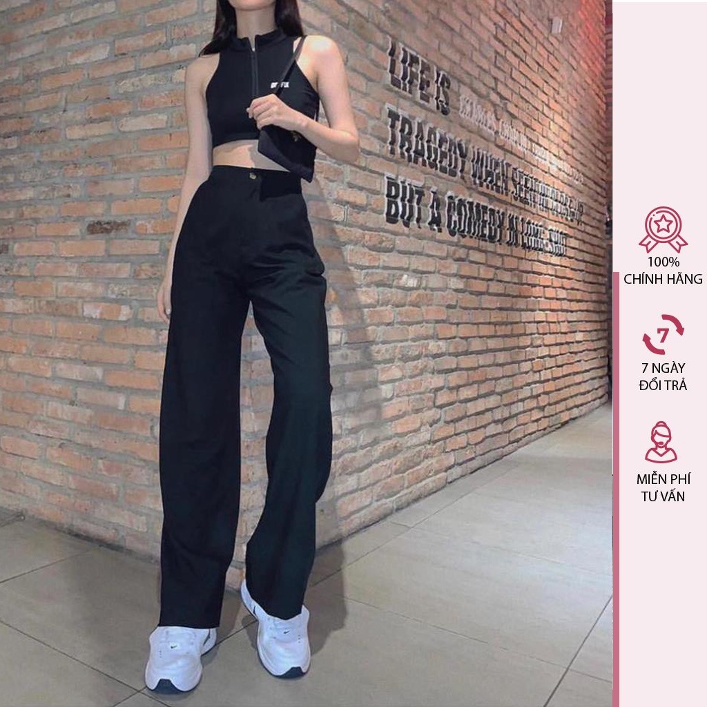 Quần ống rộng hack dáng form đứng lưng cao chất liệu cotton , quần suông ống rộng đen 1 cúc