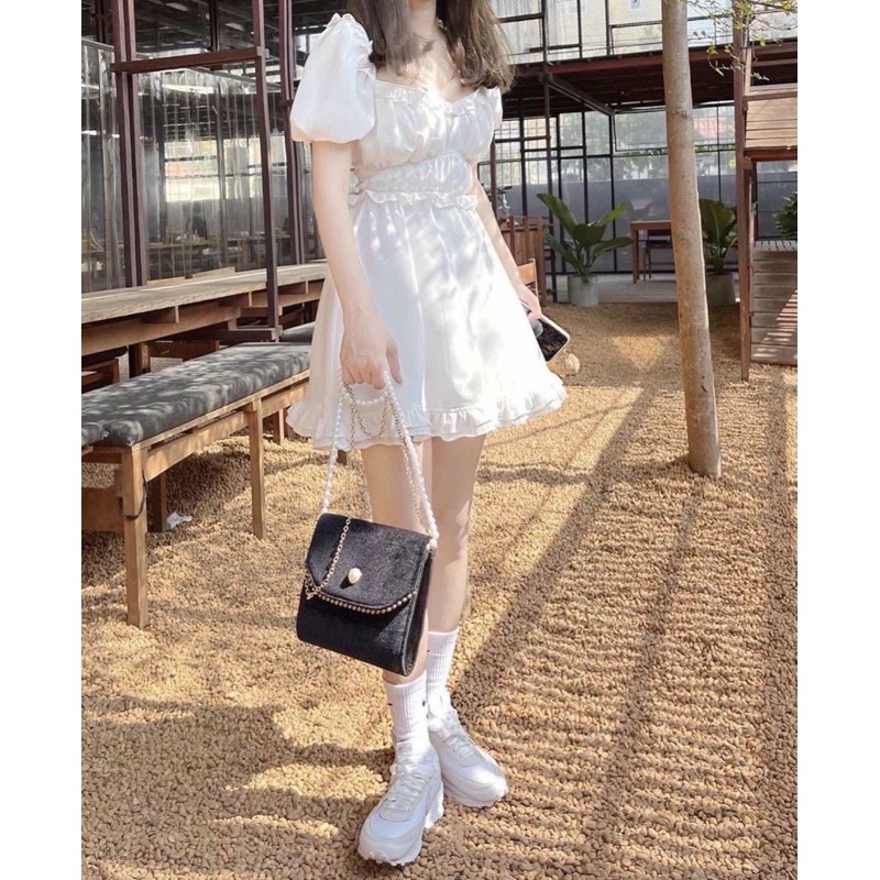 ĐẦM TRẮNG CỔ TYM VIỀN TAY BỒNG BO EO VIỀN BÈO | BigBuy360 - bigbuy360.vn