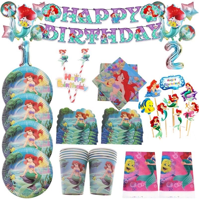 Bộ Khăn Ăn Dùng Một Lần In Họa Tiết Nàng Tiên Cá Cho Bé Gái