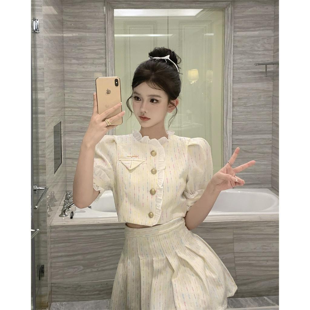 Set Áo Thun Ngắn Tay Cổ Tròn + Chân Váy Lưng Cao Thời Trang Nữ