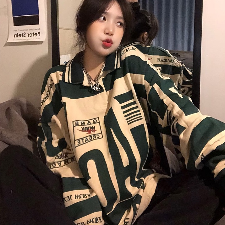 Áo thun polo ZHELIHANGFEI tay dài dáng rộng theo phong cách preppy Mỹ dễ phối đồ