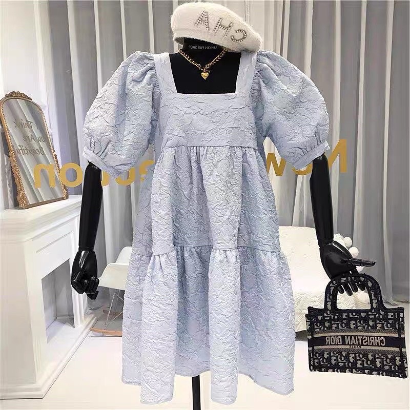 Váy đầm babydoll cổ vuông xanh trắng, dáng xoè tay phồng siêu xinh bầu bon chen  phong cách hàn quốc