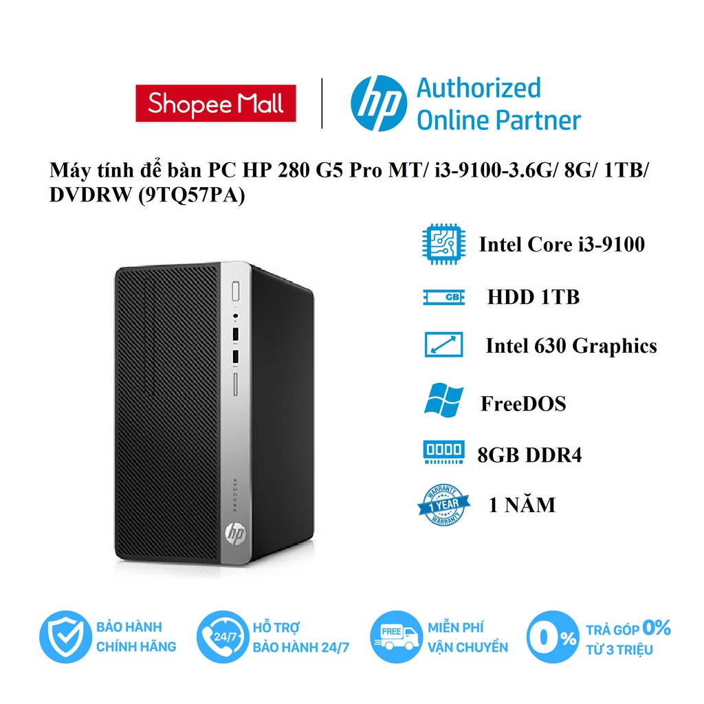 [Mã ELTECHZONE giảm 5% đơn 500K] Máy tính để bàn PC HP 280 G5 Pro MT/ i3-9100-3.6G/ 8G/ 1TB/ DVDRW (9TQ57PA).