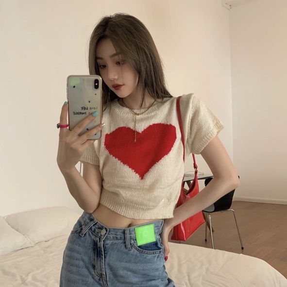 Áo thun dệt kim XIAOZHAINV tay ngắn cổ tròn in hình trái tim phong cách Hàn Quốc thời trang cho nữ