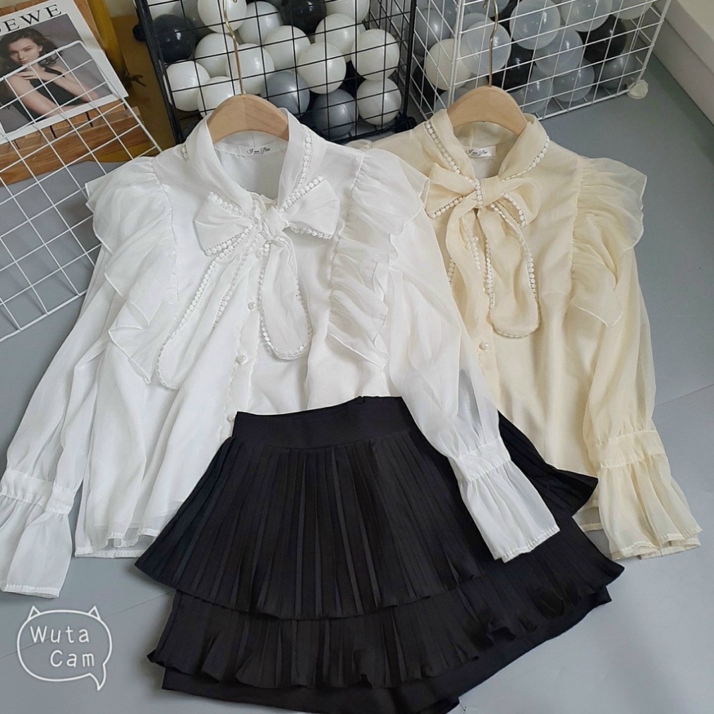 áo sơ mi kiểu dài tay cổ nơ bèo jelly.clothing mặc đi làm đi chơi chất liệu tơ ánh có lót bên trong mềm mịn | BigBuy360 - bigbuy360.vn