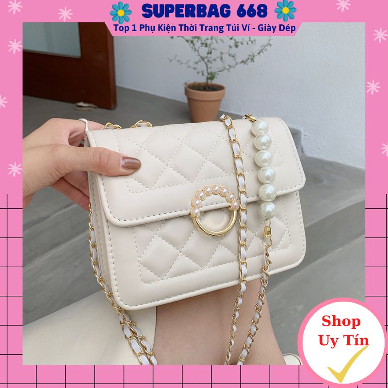 Túi Xách Nữ Đeo Vai - Túi Đeo Chéo Dây Xích Phối Ngọc Thêu Trấn Trám Superbag 357