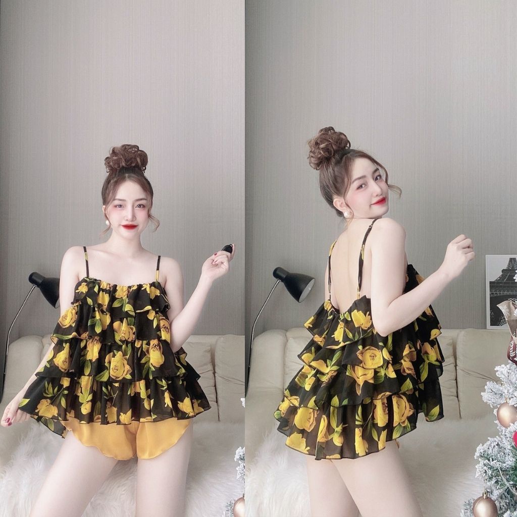 Bộ đồ ngủ nữ sexy 2 dây TUTA bộ ngủ lụa satin phối chiffon cao cấp - MK02