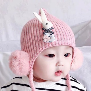 Mũ len tai thỏ kèm bím giả cho bé