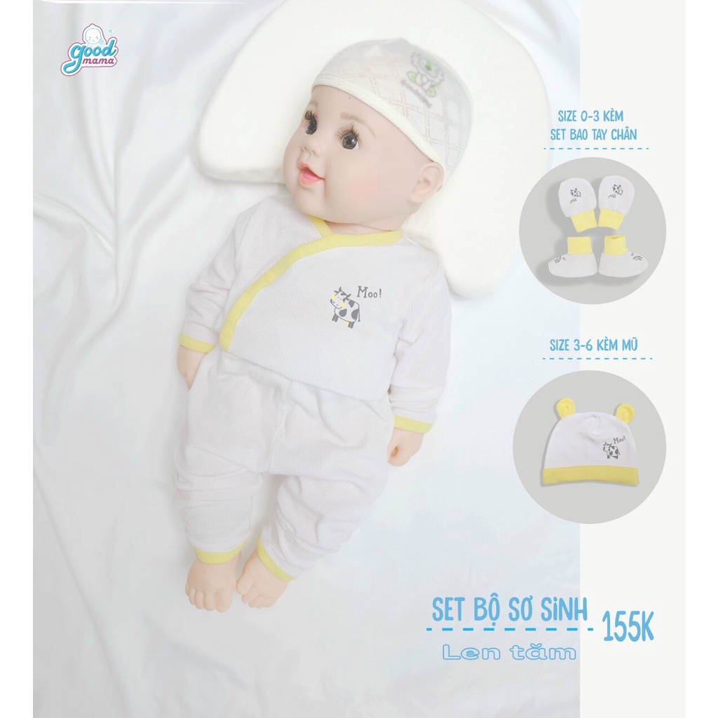 [CHÍNH HÃNG] Set bộ sơ sinh dài tay cài chéo len tăm kèm phụ kiện họa tiết Good Mama