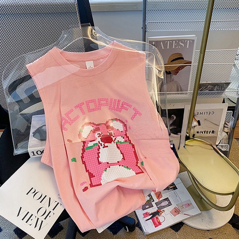 Áo không tay nữ Cổ Tròn Họa Tiết Hoạt Hình Phong Cách Hàn Quốc Thời Trang Mùa Hè