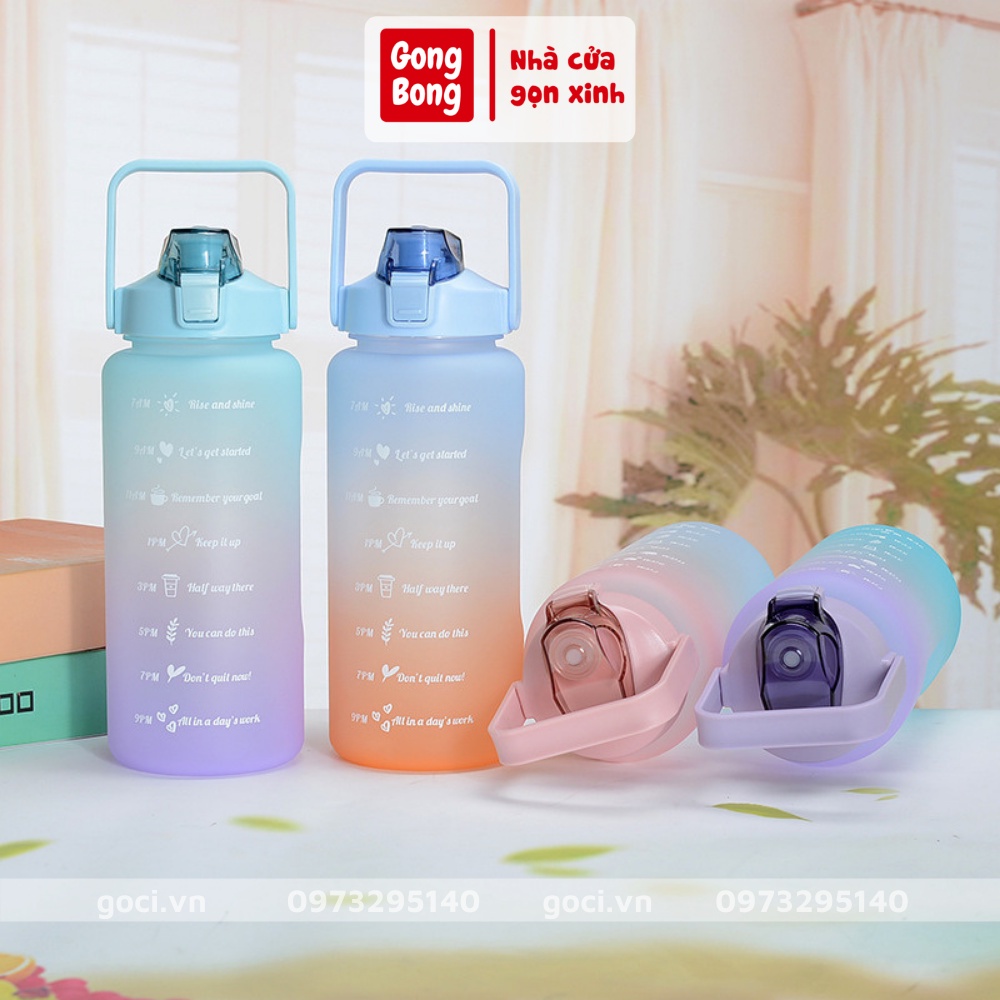 Bình đựng nước 2 lít có ống hút chia vạch nhắc nhở uống nước cute dễ thương