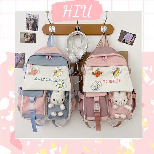 Balo đi học dễ thương gấu lovely cho học sinh cấp 2 cấp 3 vải dù kèm móc khóa và sticker