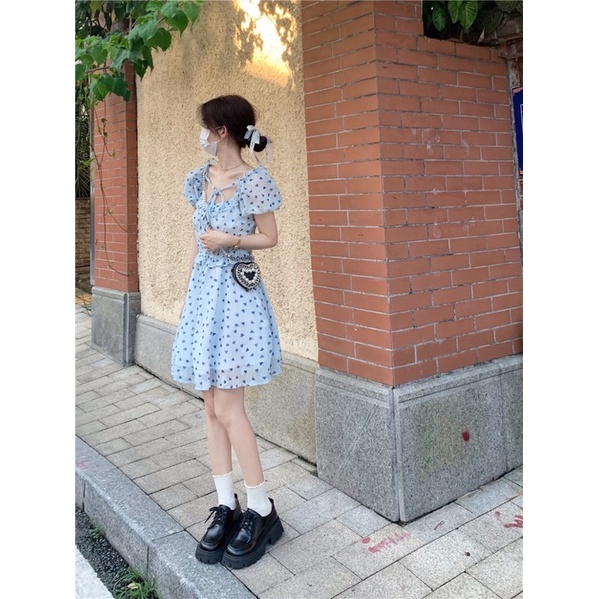 Váy đầm xanh nhạt chấm bi trái tim dáng xoè cổ vuông tay bồng dễ thương ulzzang Hàn Quốc - Yannie