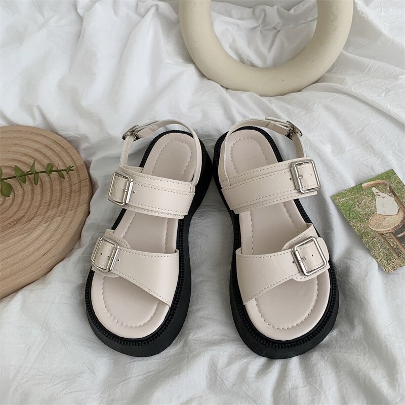 Dép Sandal Nữ Ulzzang LOẠI 1 - Giày Sandal Nữ Đi Học Đế Cao Quai Ngang Khuy Cá Tính Sang Chảnh