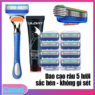 Dao Cạo Râu 5 Lớp Lưỡi Cao Cấp Tiện Đi Công Tác Bền Đẹp Dùng Nhiều Lần (Bộ Gồm Cán + 8 Lưỡi + Hộp Đựng + Kem Cạo) MR1